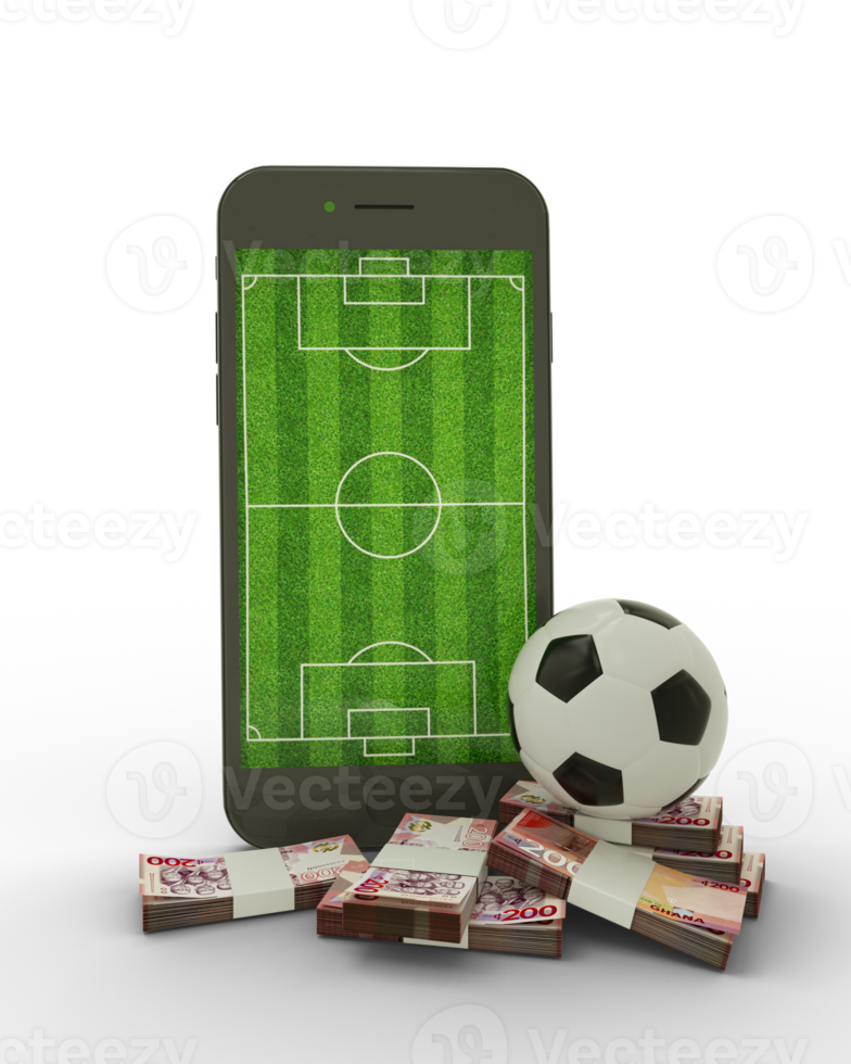 3D rendering of a mobile phone with soccer field on screen, soccer ball and stacks of Ghanaian cedi notes png