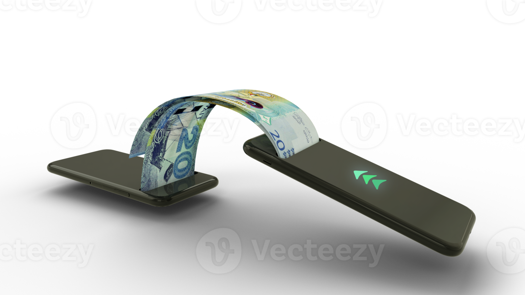 3D rendering of Kuwaiti dinar notes transferring from one phone to another. mobile money transaction concept. money coming out of mobile phone png