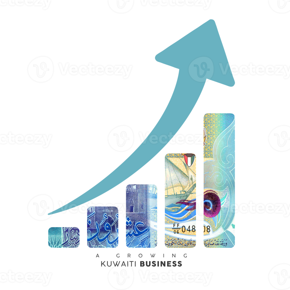 Growing business icon. clip masking of Kuwaiti dinar note to in the shape of a business growth graph. Illustration png