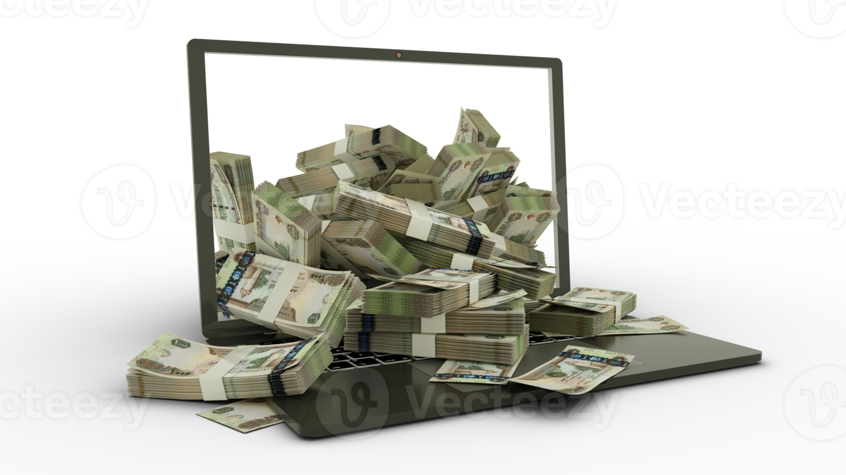 3D rendering of 1000 United Arab Emirates dirham notes coming out of a Laptop monitor. stacks of Emirati dirham notes inside a laptop. money from computer, money from laptop png