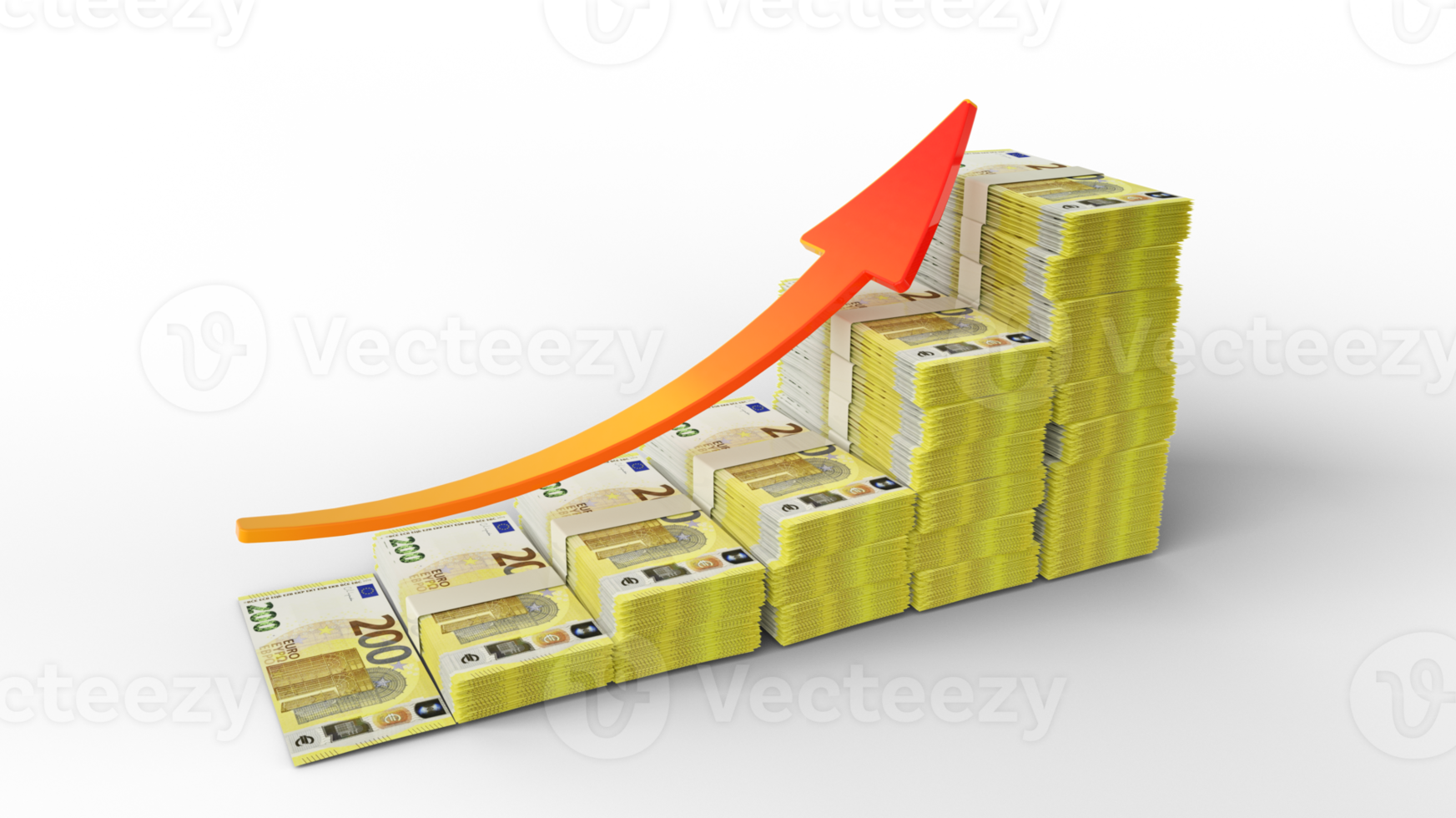 signe de croissance financière composé de piles de billets en euros. Rendu 3D de l'argent disposé sous la forme d'un graphique à barres png