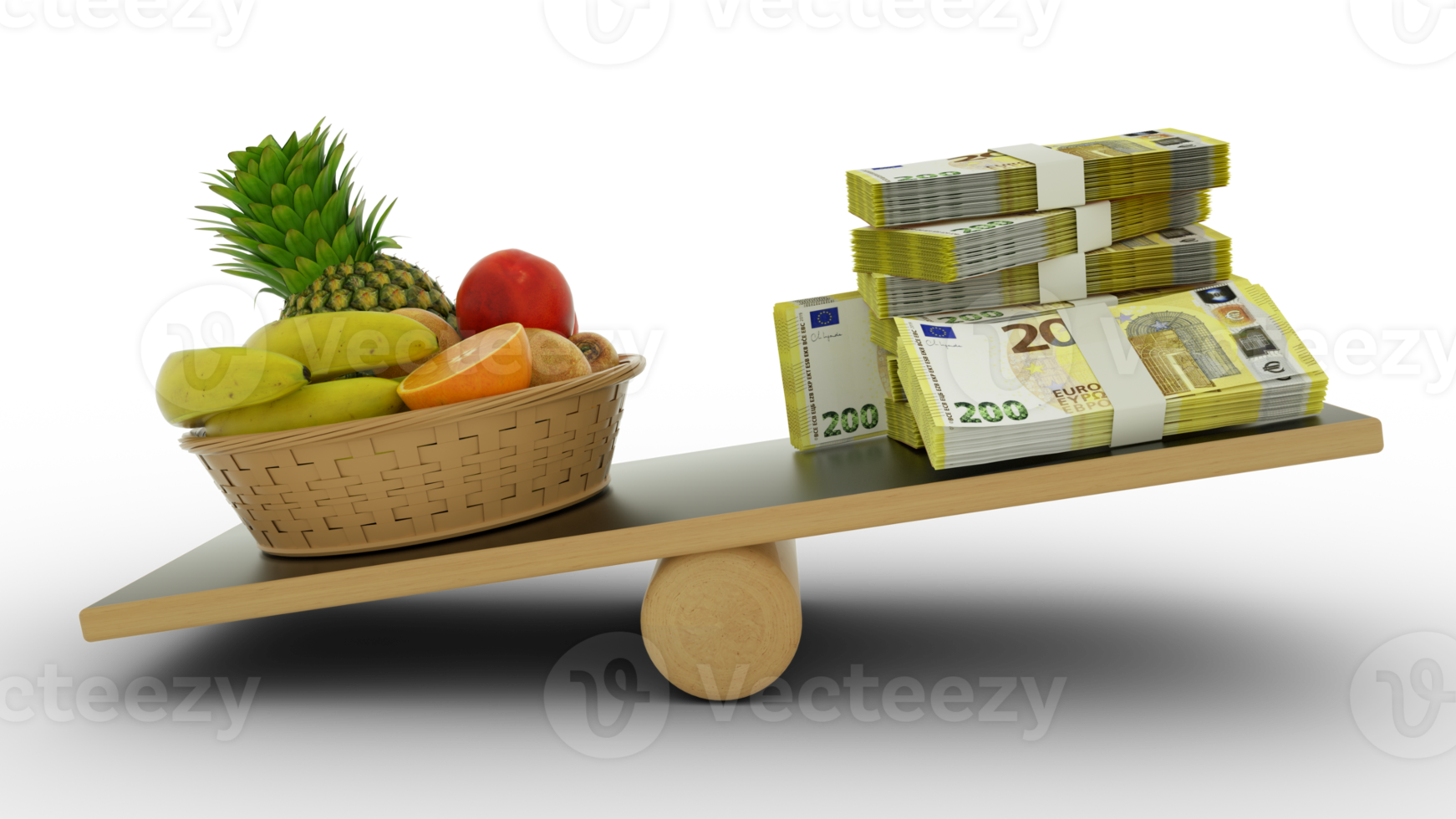 inflação na europa, pesando moeda europeia contra alimentos, alto custo de vida, renderização em 3d png