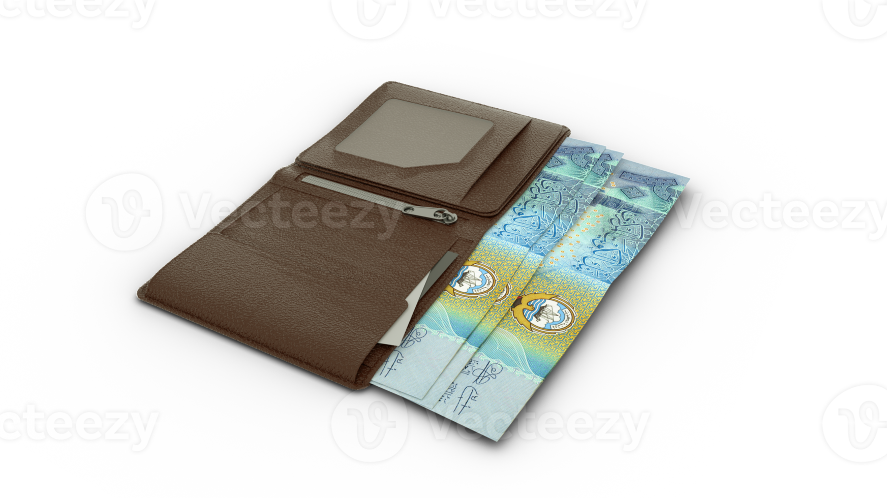 3D rendering of Kuwaiti dinar notes in wallet png