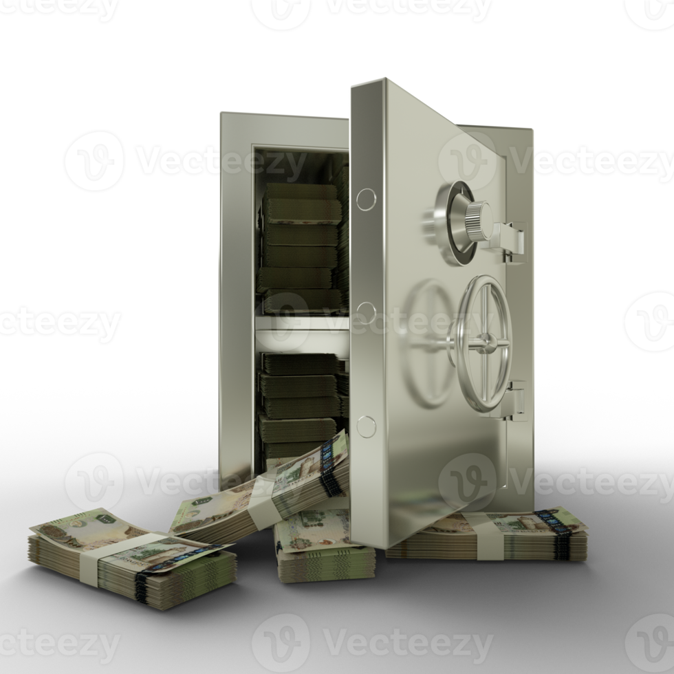 Bundles of 1000 United Arab Emirates dirham in Steel safe box. 3D rendering of stacks of money inside metallic vault, Financial protection concept, financial safety. png