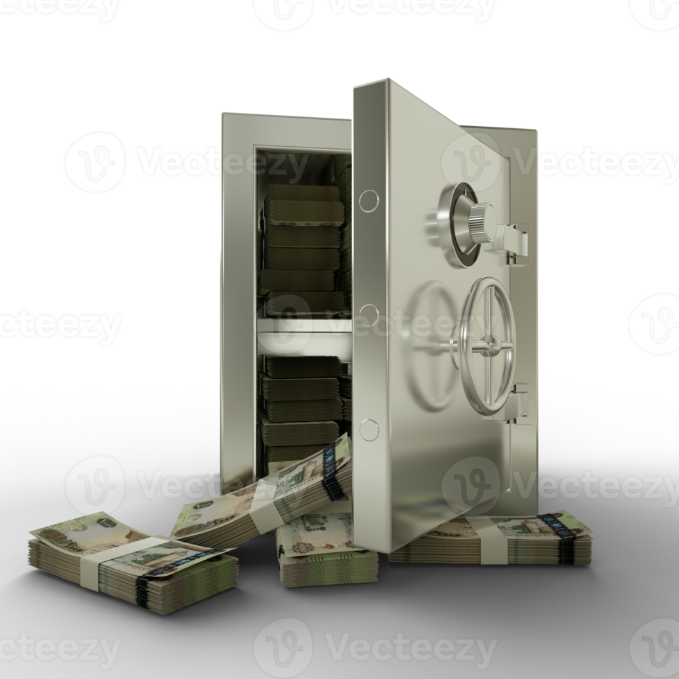 Free Bundles of 1000 United Arab Emirates dirham in Steel safe box. 3D rendering of stacks of