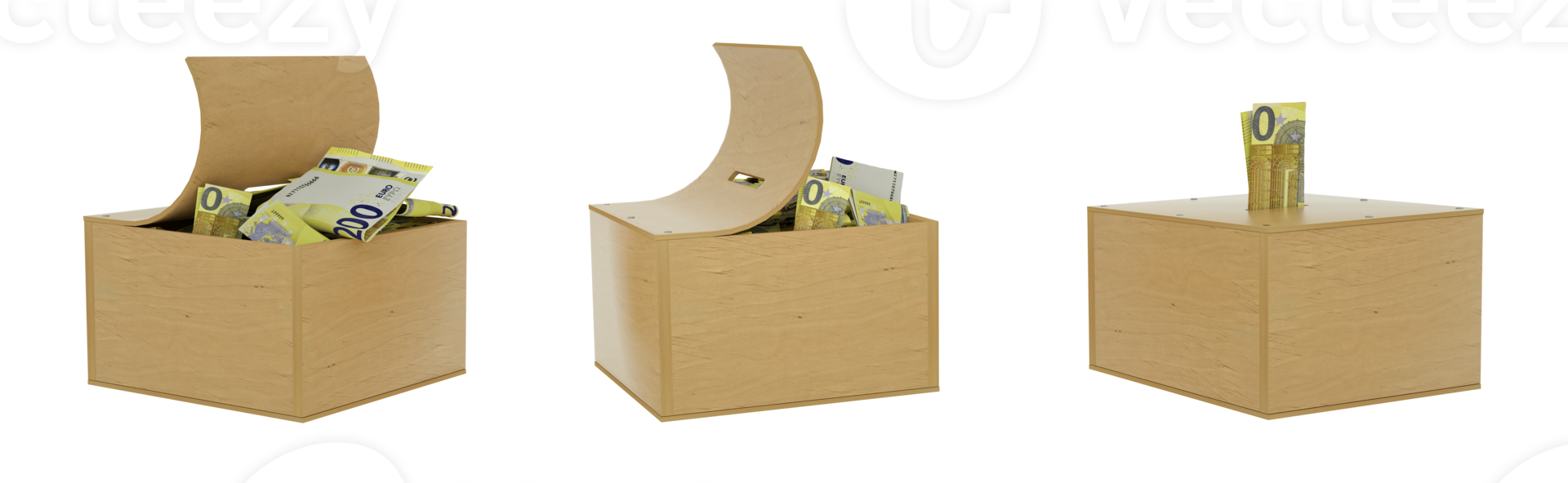 Euro notes inside an open wooden savings box. set of savings concept. Generic Piggy Bank, Penny Bank, Money Box. 3d rendering png