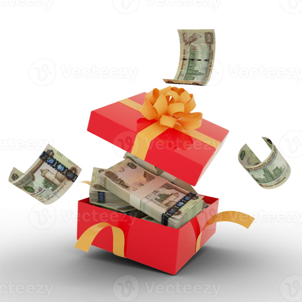 1000 United Arab Emirates dirham notes inside an open red gift box.  Emirati dirham inside and flying around a gift box. 3d rendering of money inside box png