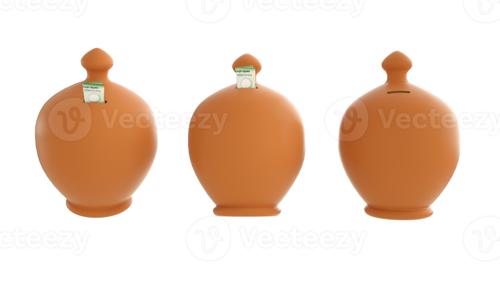 impostato di Marrone argilloso risparmi pentola isolato su trasparente sfondo. 3d interpretazione di Emirati Arabi Uniti dirham Nota andando dentro risparmi contenitore png