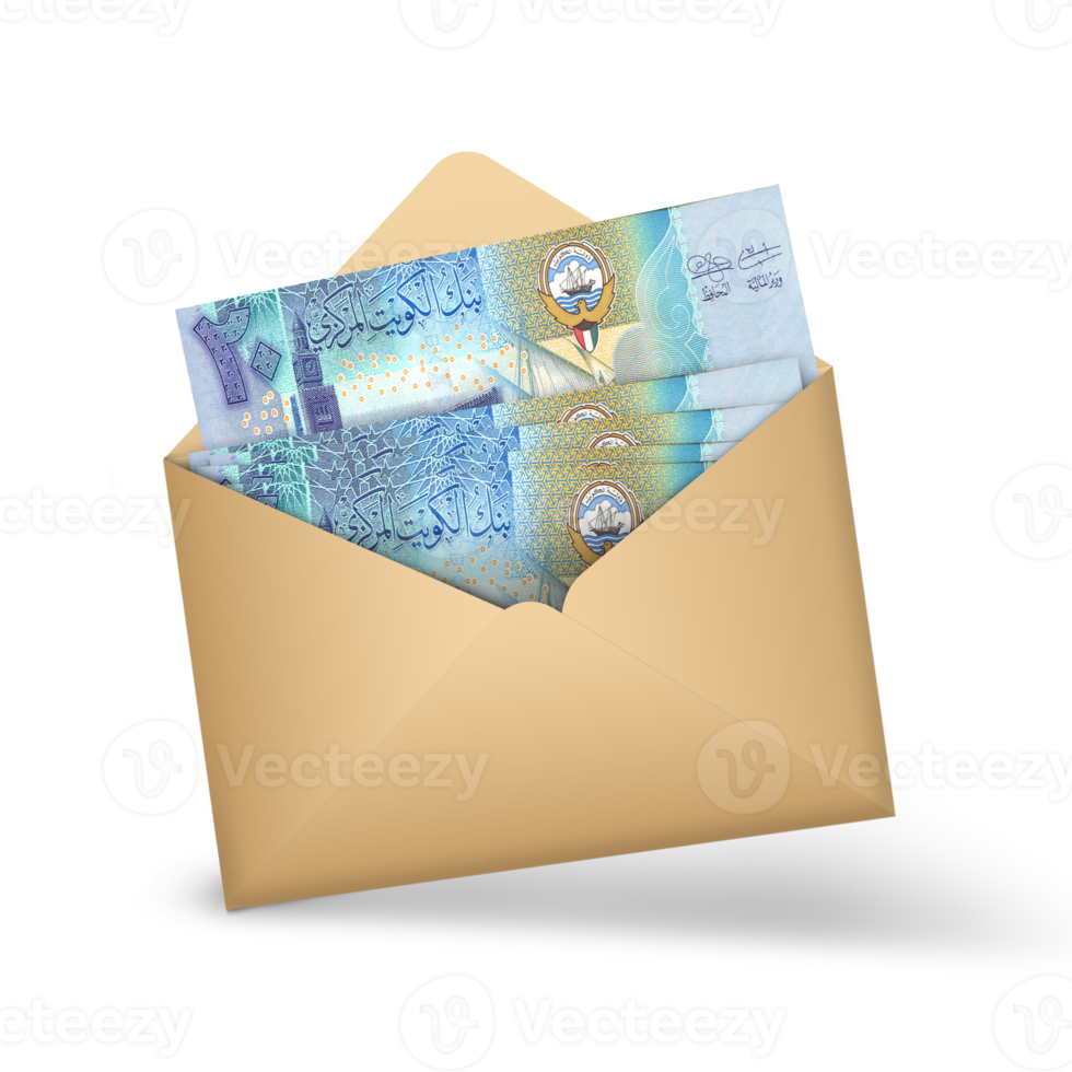 Kuwaiti dinar notes inside an open brown envelope. 3D illustration of money in an open envelope png