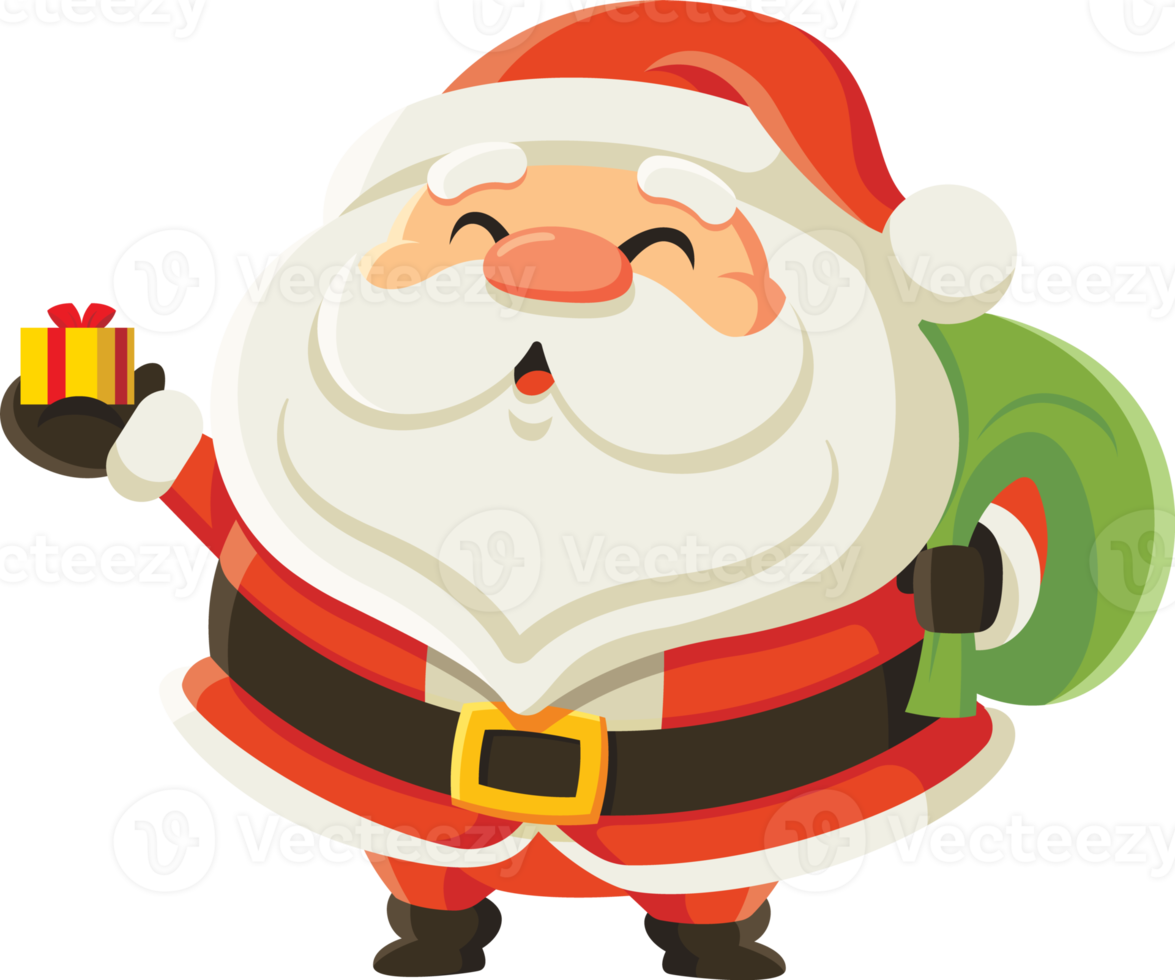 Merry Christmas. Santa Claus holding Christmas gift box present on hand and carrying a bag. Christmas character png