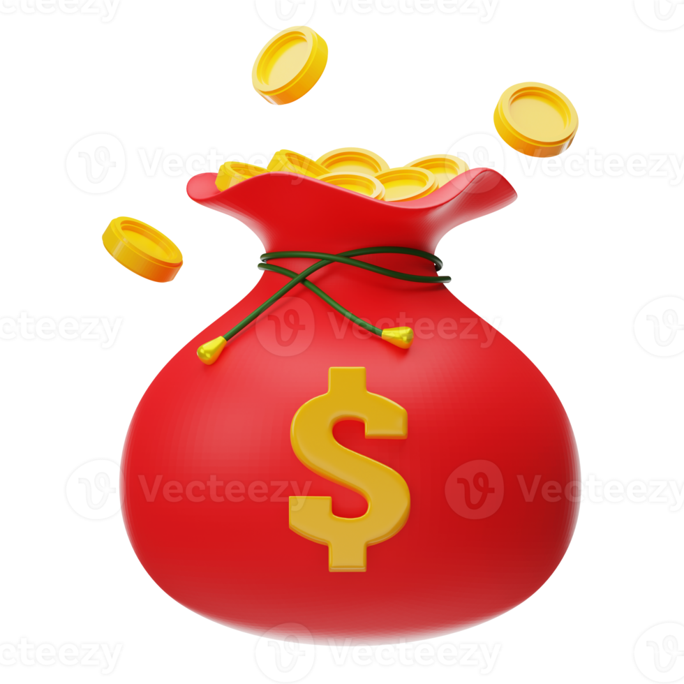 Christmas money bag 3d rendering with transparent background. Santa's bag. png