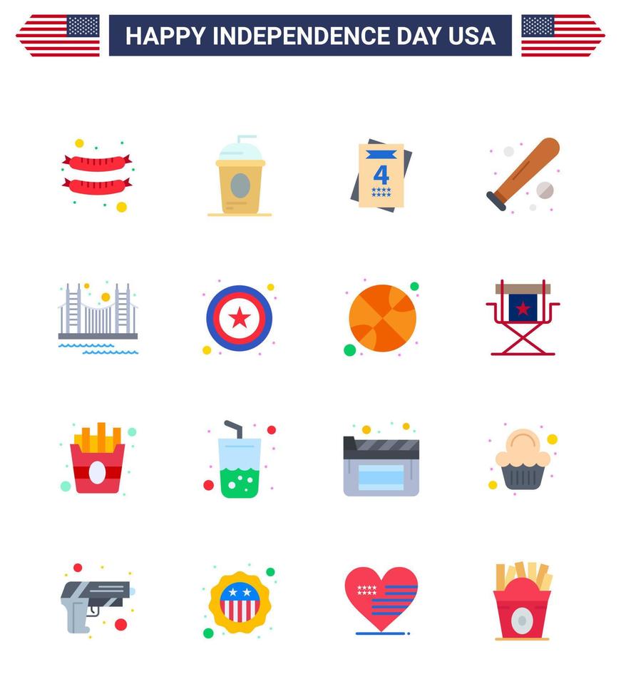 USA Happy Independence DayPictogram Set of 16 Simple Flats of gate usa invitation sports baseball Editable USA Day Vector Design Elements