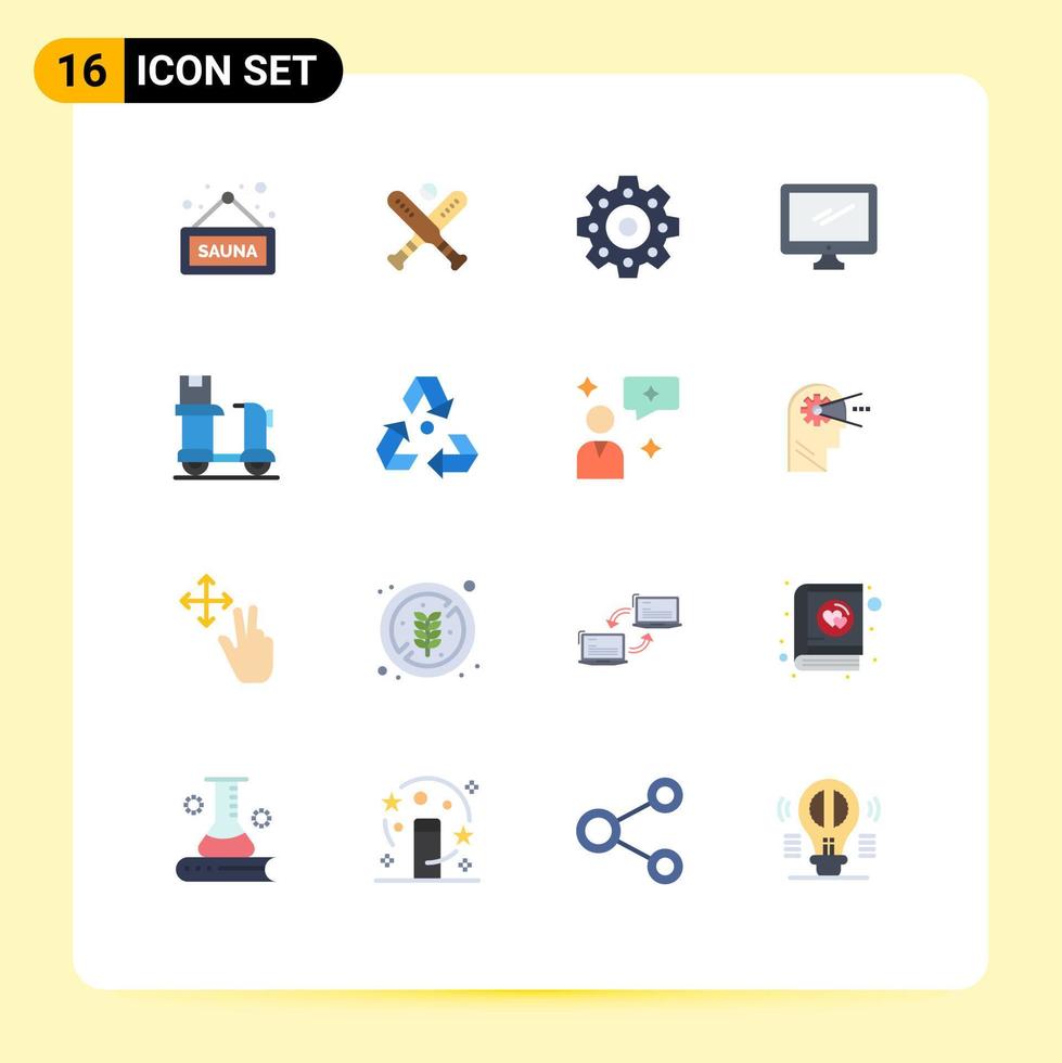 grupo de 16 signos y símbolos de colores planos para bicicleta de entrega dispositivo de pc mecánico paquete editable de elementos creativos de diseño de vectores