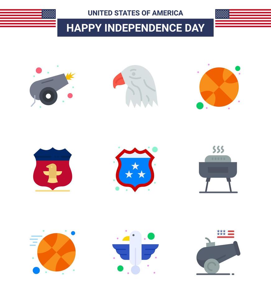 paquete de 9 pisos creativos relacionados con el día de la independencia de estados unidos de seguridad seguridad baloncesto escudo americano elementos de diseño vectorial editables del día de estados unidos vector