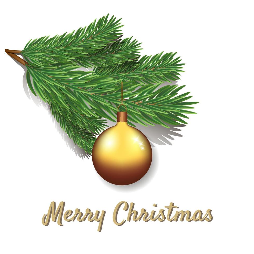 A golden Christmas ball is hanging on a green fir branch.  Template for text, design element, copy space, postcard, social networks, cover design . New Year and Christmas vector