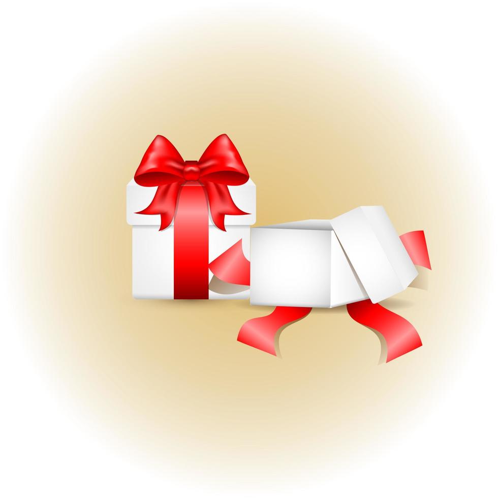 The gift box is white . Realistic gift box with a red satin bow, isolated from the background. A gift box tied with a red ribbon. Vector illustration