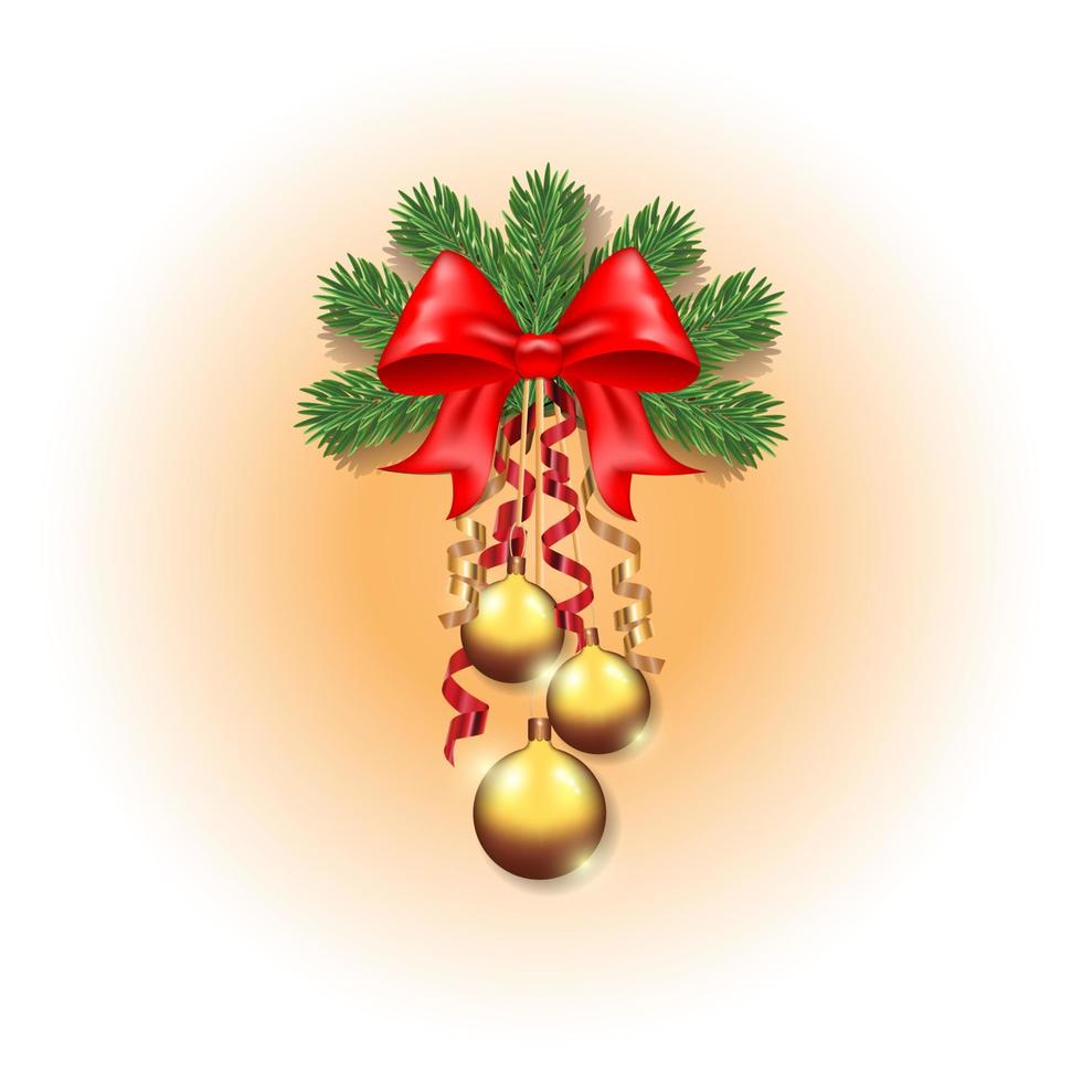 A fir branch with Christmas balls and a golden bell on an isolated background.  Template for text, design elements, places to copy, postcards, social networks, covers, banners. New Year and Christmas. vector