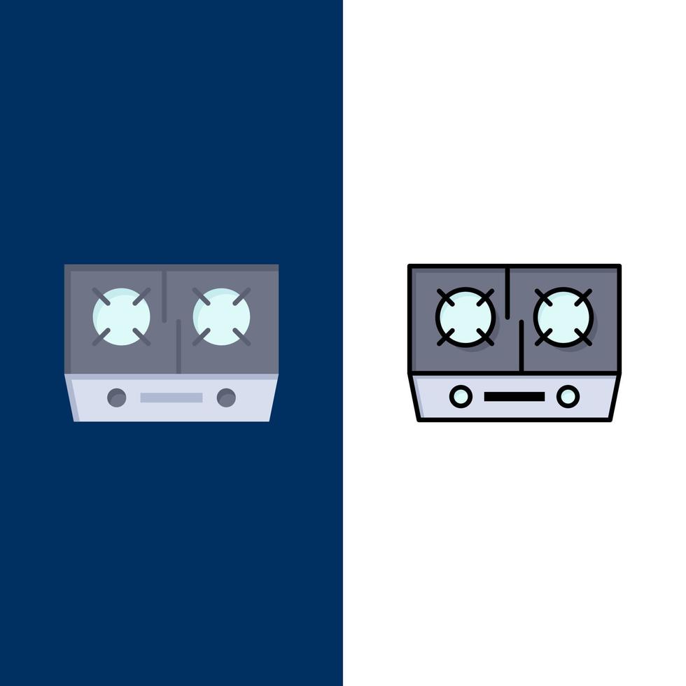 estufa gas cocina cocina iconos plano y línea llena icono conjunto vector fondo azul