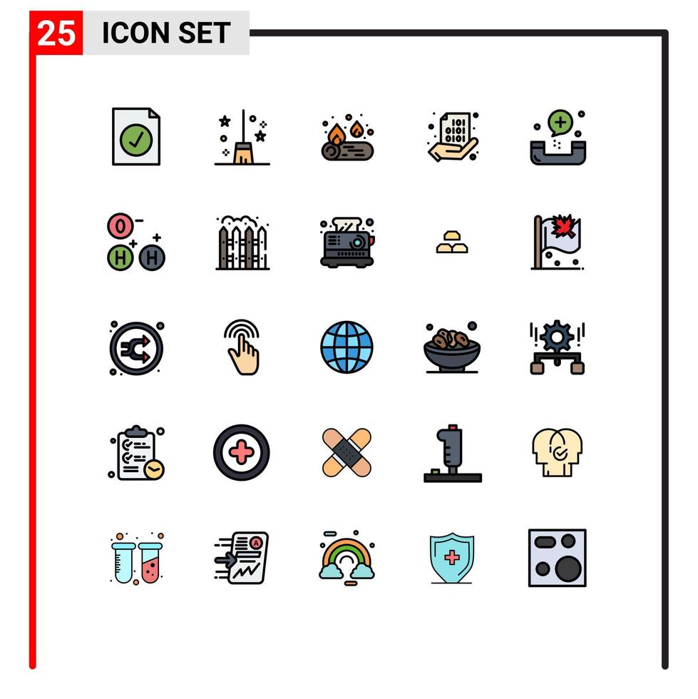 conjunto de color plano de línea llena de interfaz móvil de 25 pictogramas de codificación de camping de llamada de emergencia compartir elementos de diseño vectorial editables vector