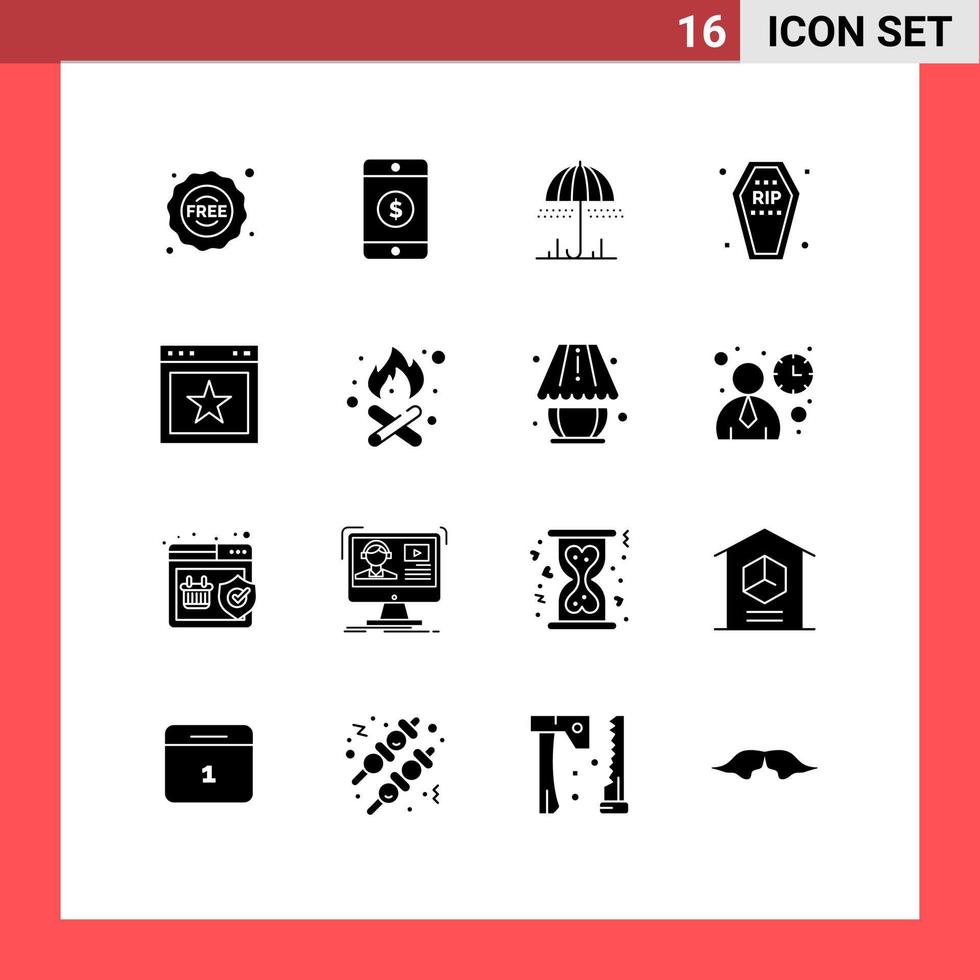 Pack of 16 Modern Solid Glyphs Signs and Symbols for Web Print Media such as bookmark halloween umbrella funeral coffin Editable Vector Design Elements