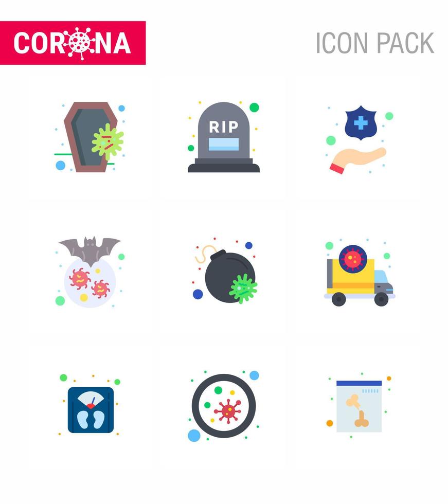 9 Flat Color Coronavirus disease and prevention vector icon attack virus rip corona bat viral coronavirus 2019nov disease Vector Design Elements