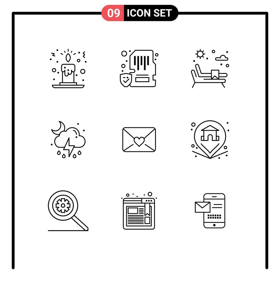 Set of 9 Modern UI Icons Symbols Signs for heart mail sunbed cloud weather Editable Vector Design Elements