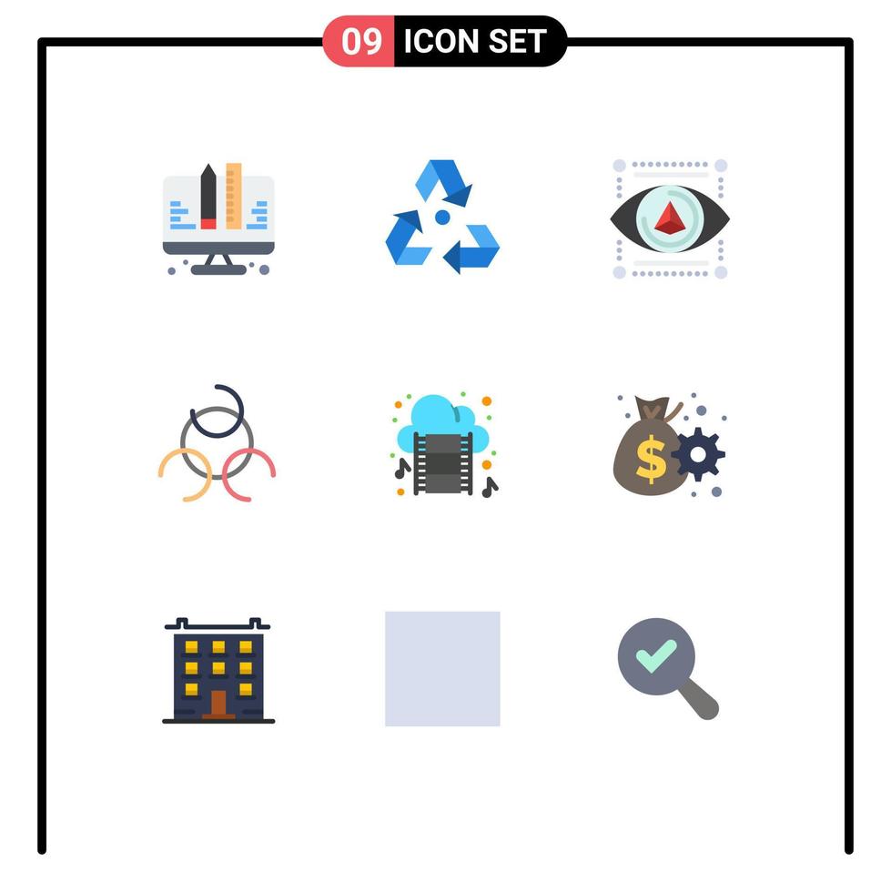 Modern Set of 9 Flat Colors Pictograph of movie cloud green biology sign printer Editable Vector Design Elements