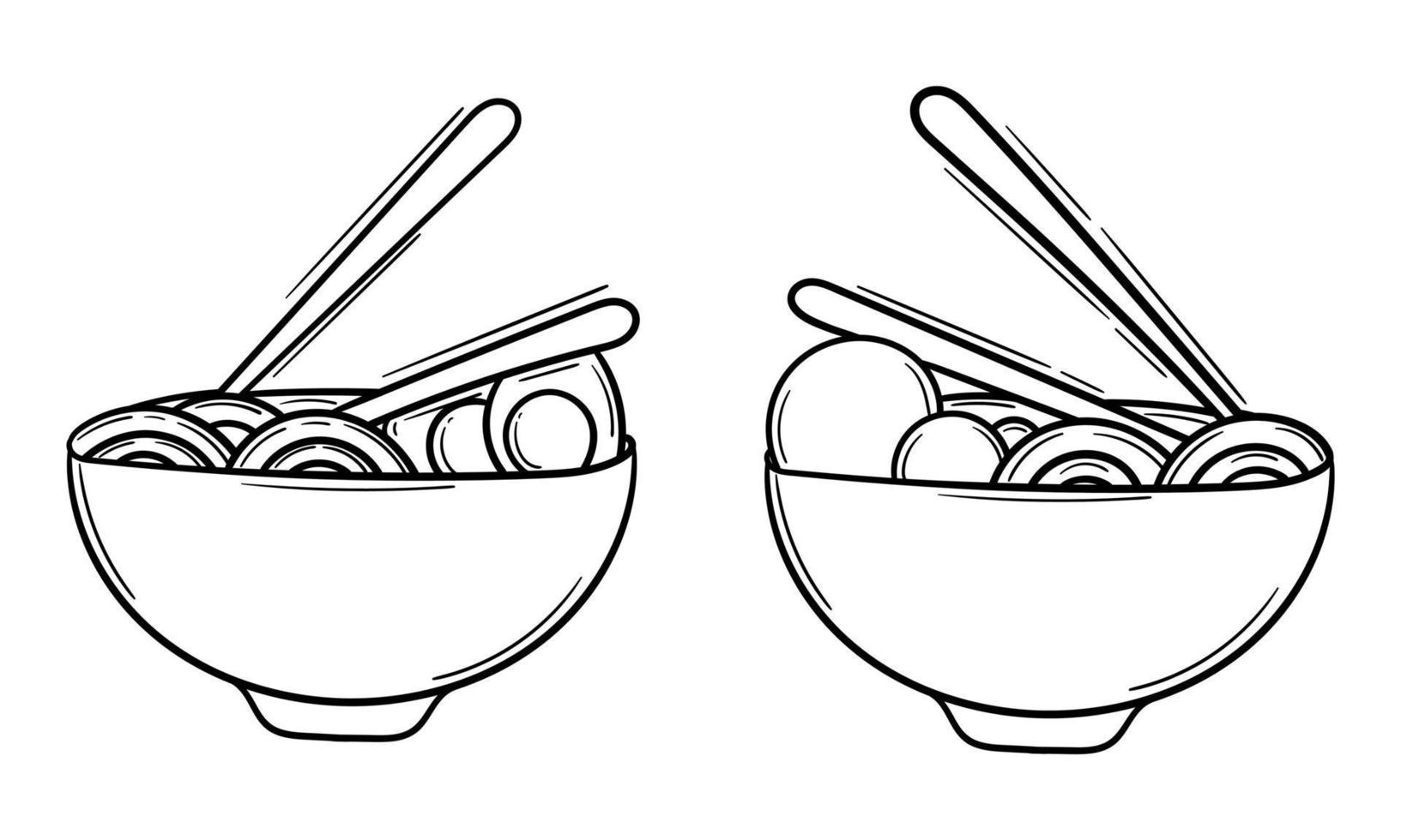 hand drawn illustration of noodles and eggs, and noodles and meatballs vector