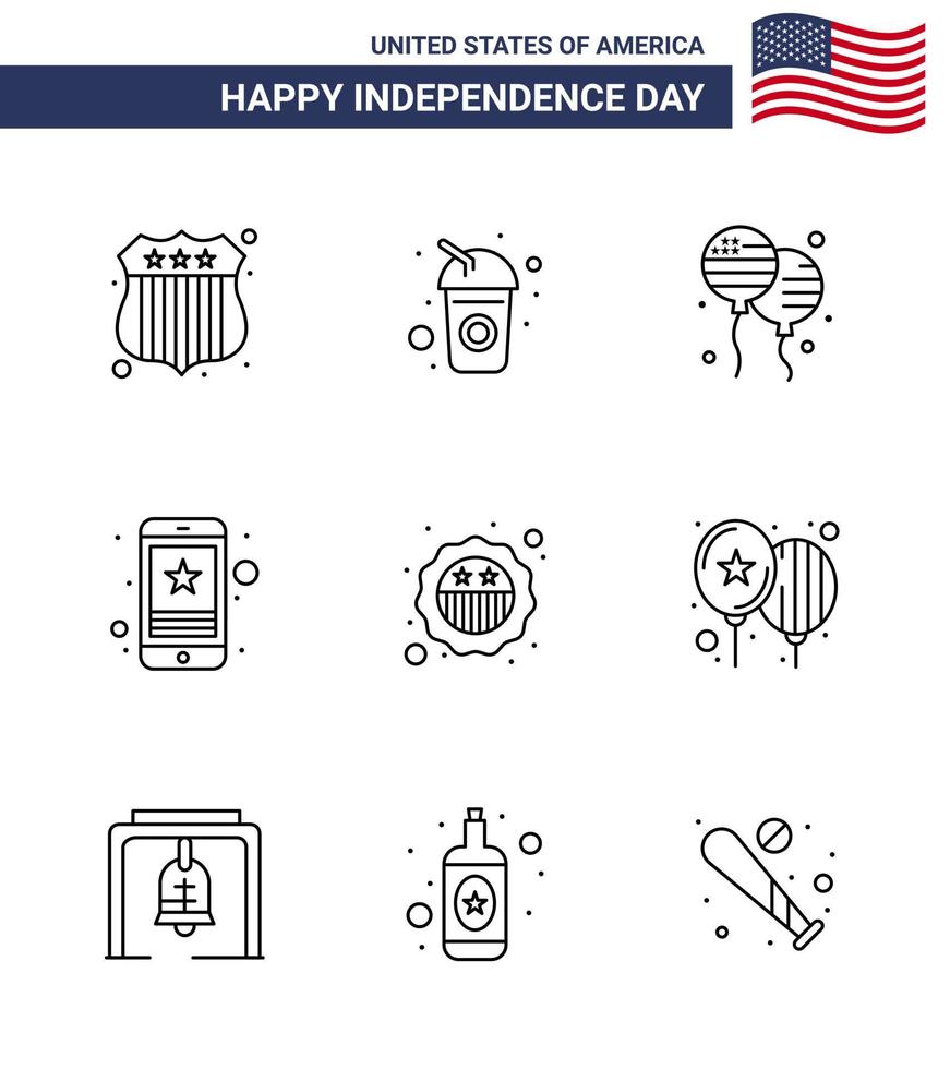 USA Independence Day Line Set of 9 USA Pictograms of security phone bloons mobile star Editable USA Day Vector Design Elements