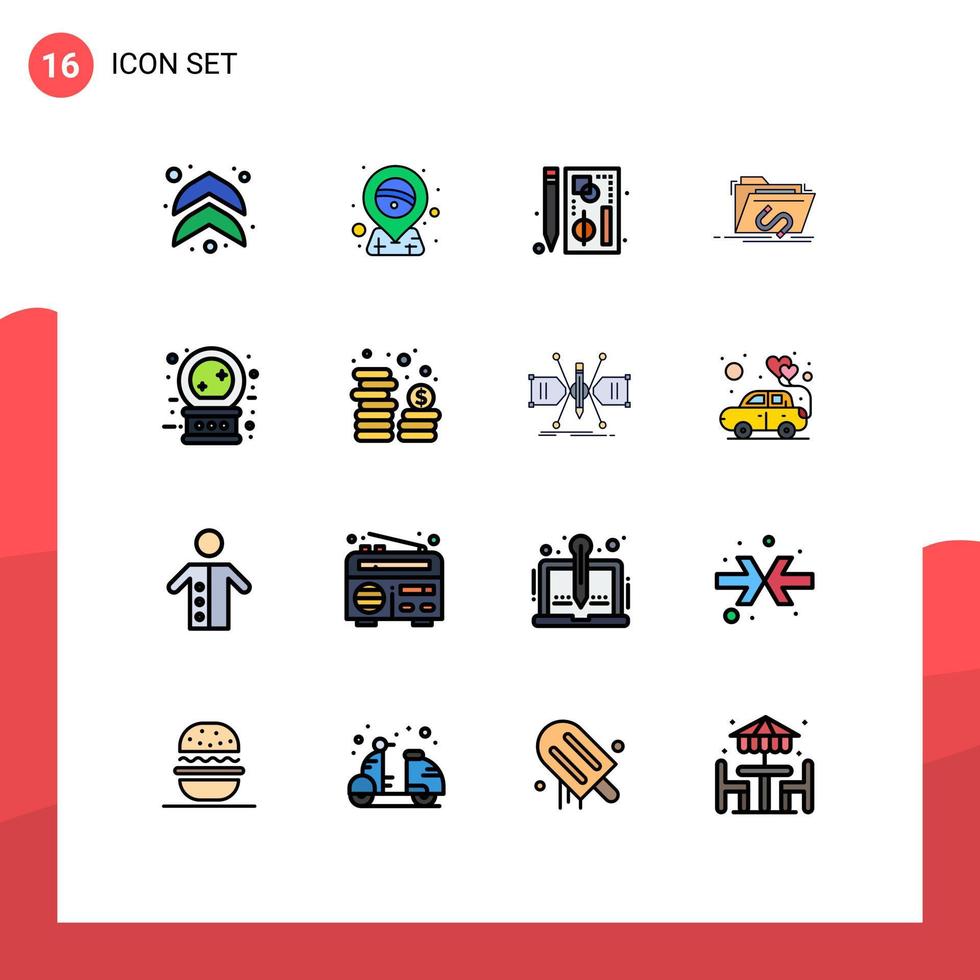 User Interface Pack of 16 Basic Flat Color Filled Lines of crystal ball internet chart file backdoor Editable Creative Vector Design Elements