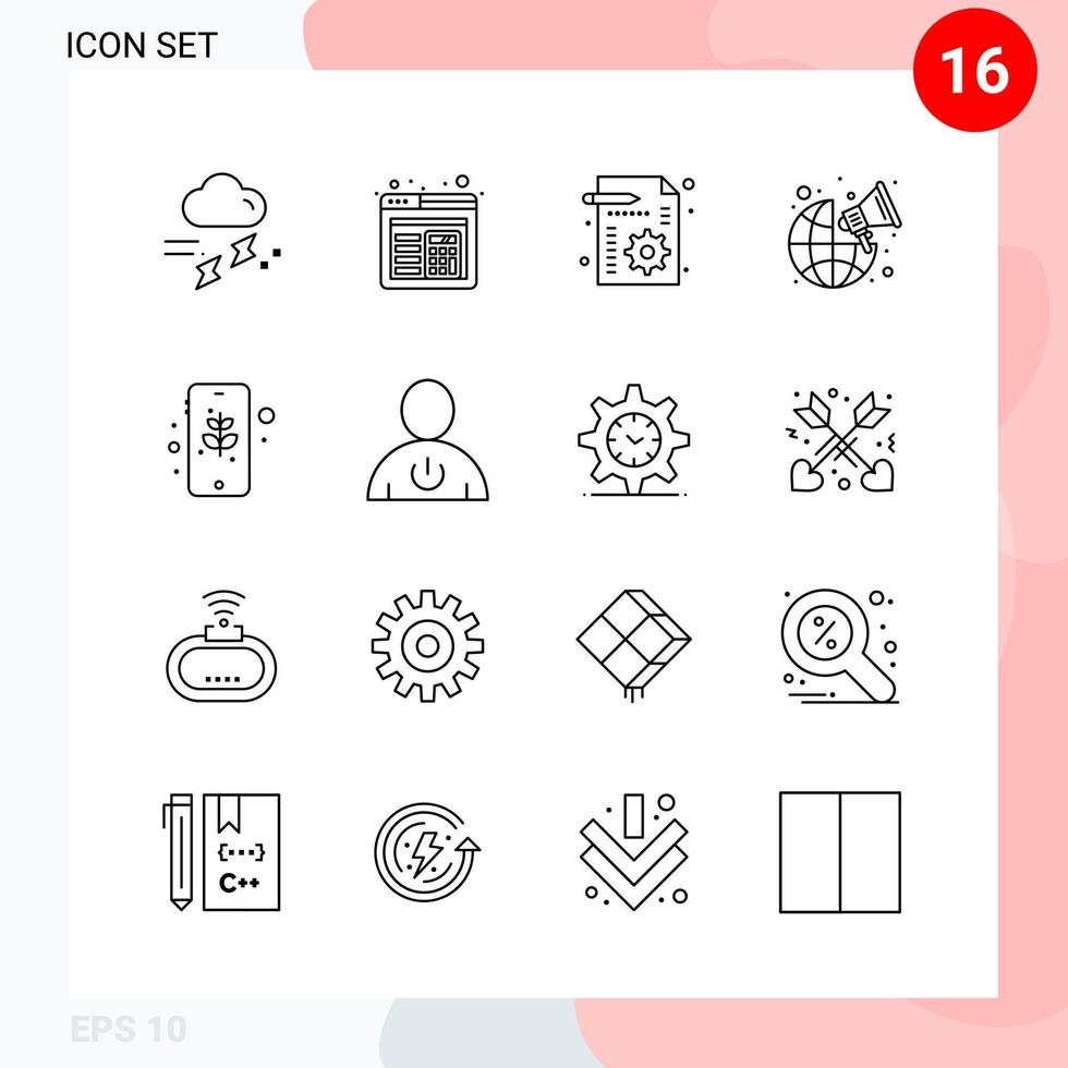 paquete de vectores de 16 iconos en estilo de línea paquete de contorno creativo aislado en fondo blanco para web y móvil fondo de vector de icono negro creativo