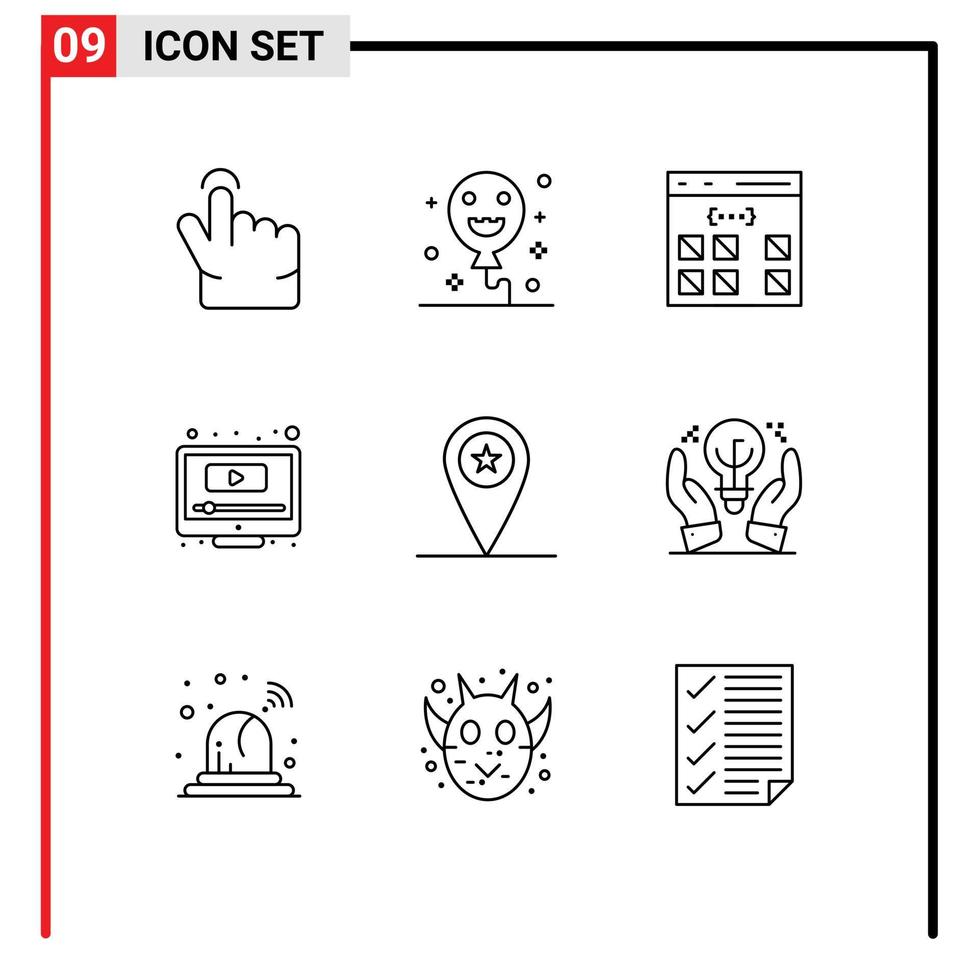 Group of 9 Modern Outlines Set for placeholder army develop youtube play Editable Vector Design Elements