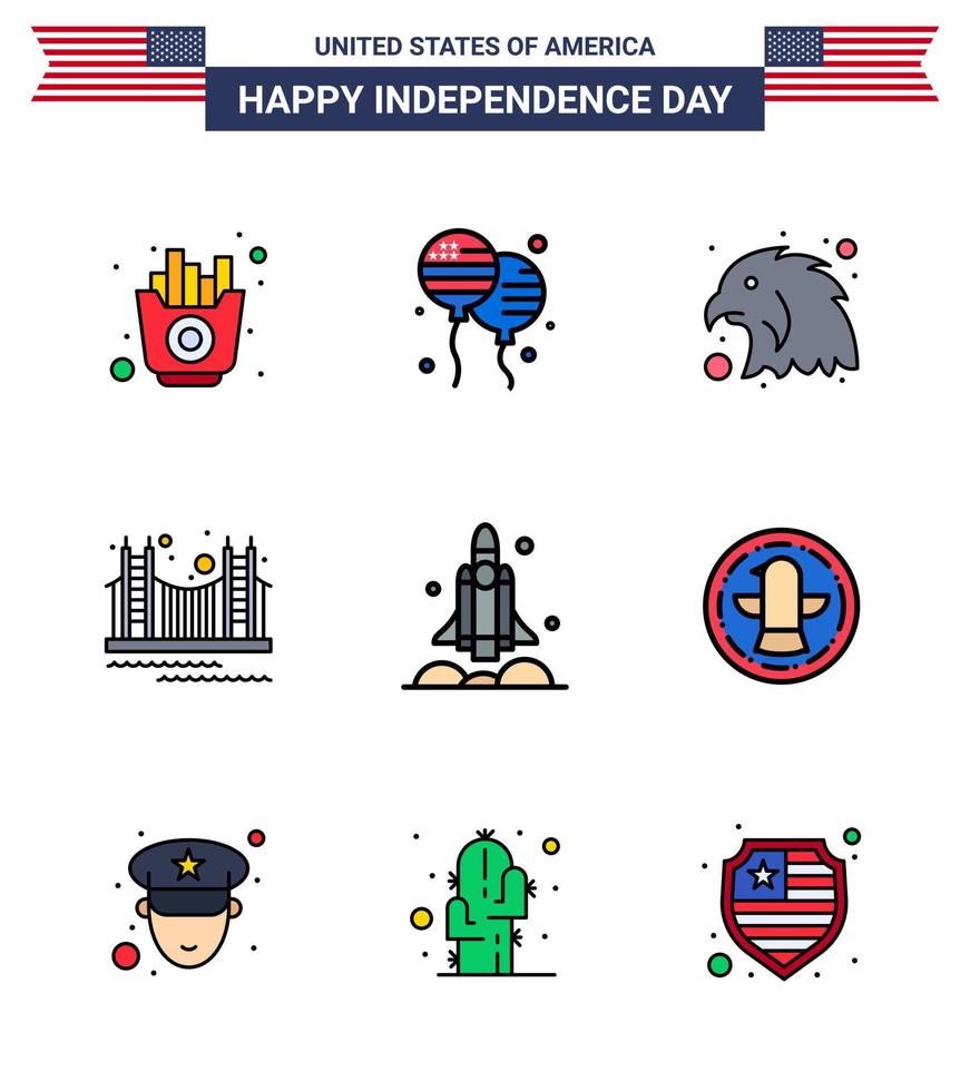 gran paquete de 9 estados unidos feliz día de la independencia líneas planas llenas de vector de estados unidos y símbolos editables de lanzador turismo animal hito puerta elementos de diseño de vector de día de estados unidos editables