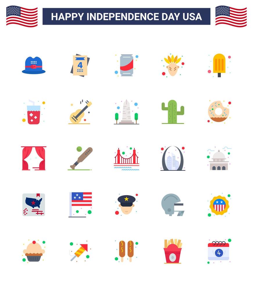 Set of 25 Modern Flats pack on USA Independence Day drink ice cream soda food thanksgiving Editable USA Day Vector Design Elements