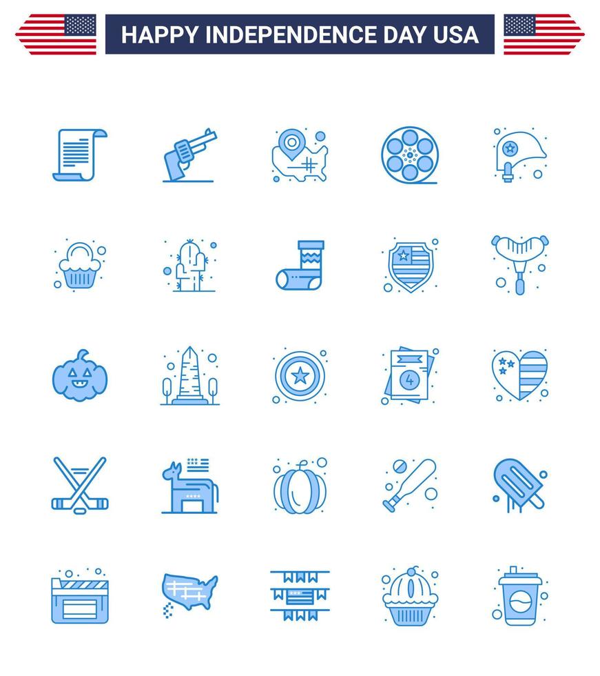 Group of 25 Blues Set for Independence day of United States of America such as head video map play location pin Editable USA Day Vector Design Elements