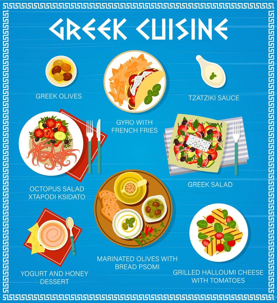 Greek cuisine food, Greece restaurant menu dishes vector