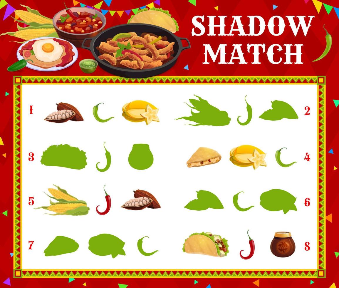 juego de sombras, acertijo vectorial de comida mexicana para niños vector