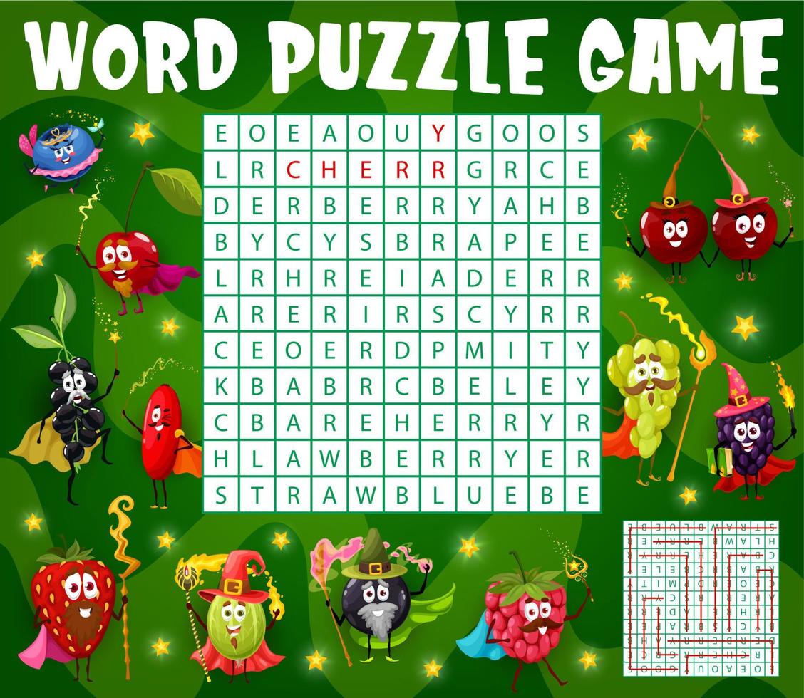 Berry wizard characters on word search game puzzle vector