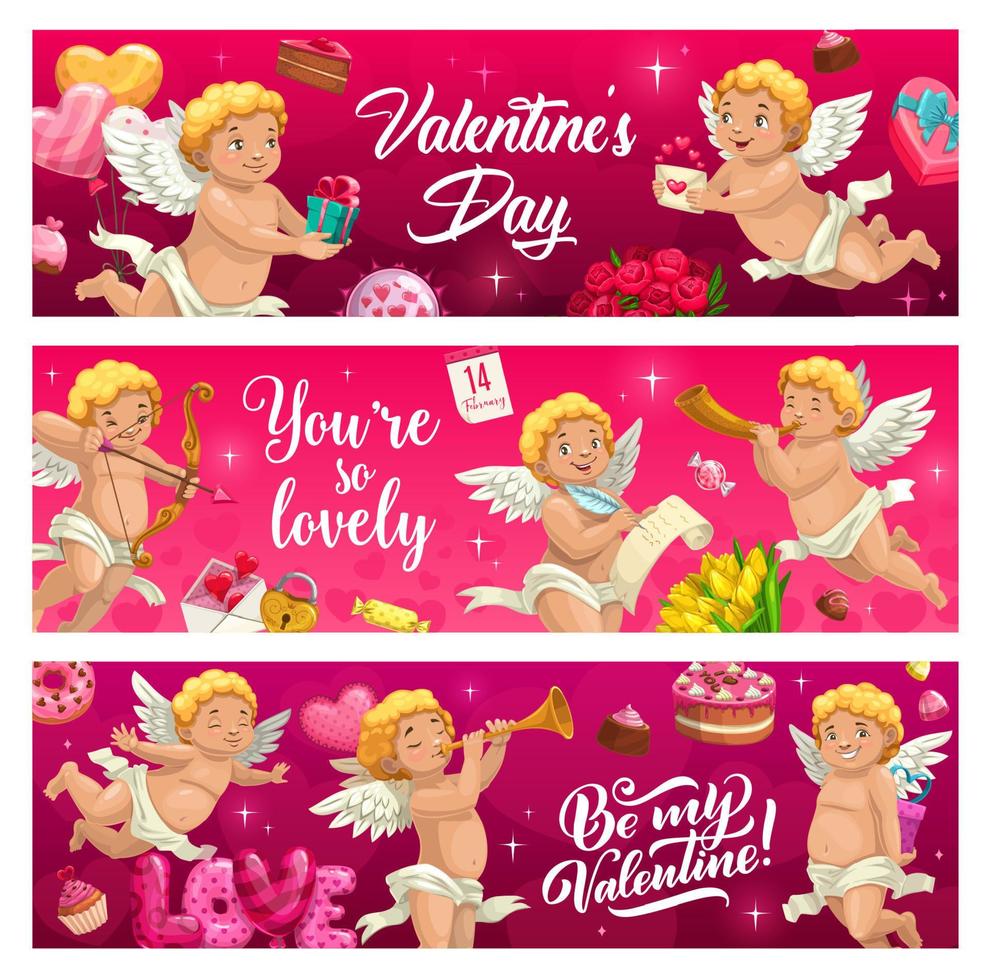 Valentine holiday banners, cartoon cupids angels vector