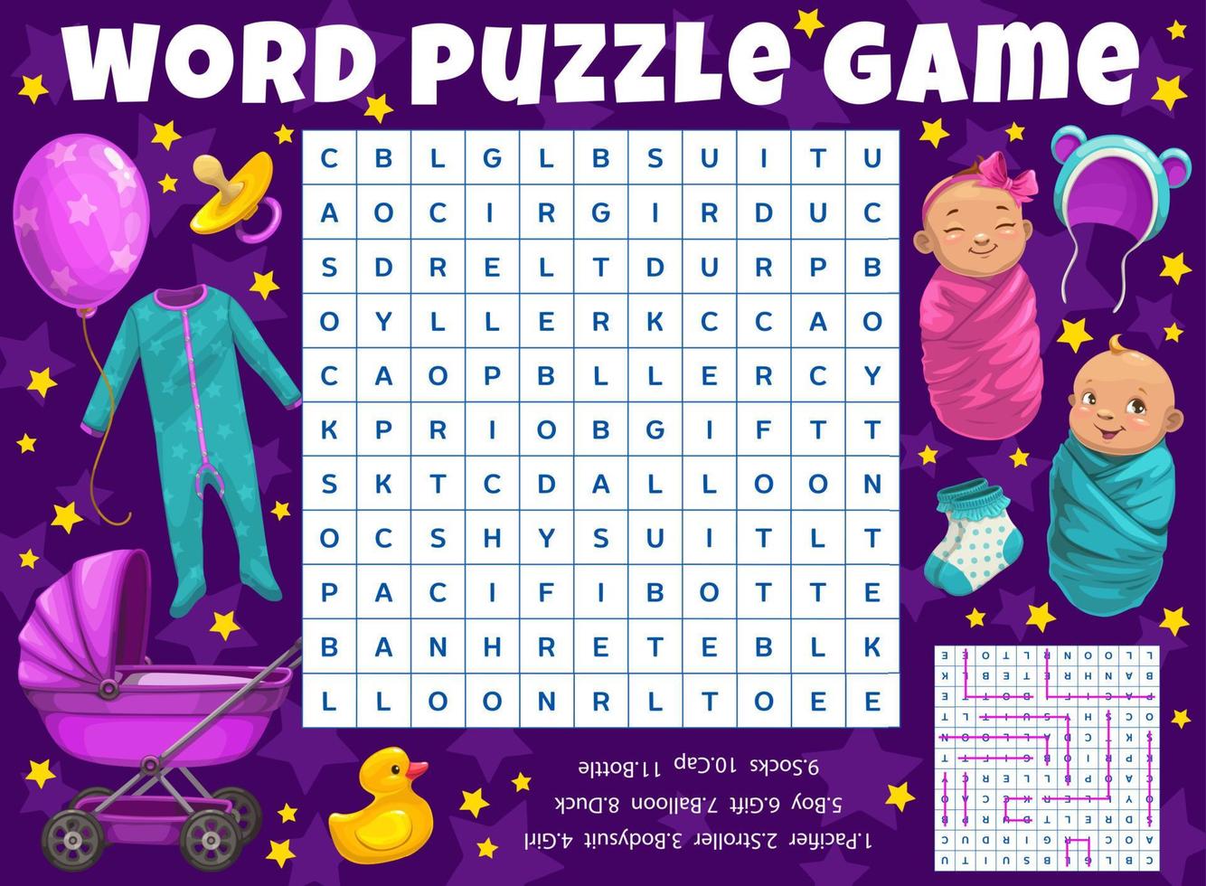 Cartoon newborns and kids toys word search puzzle vector