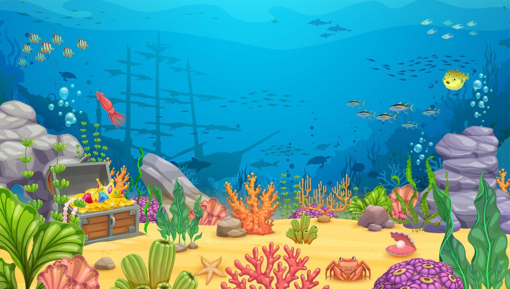 Cartoon underwater landscape with sunken frigate vector