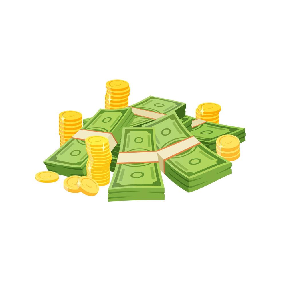 Cartoon money heap, dollar banknotes, golden coins vector