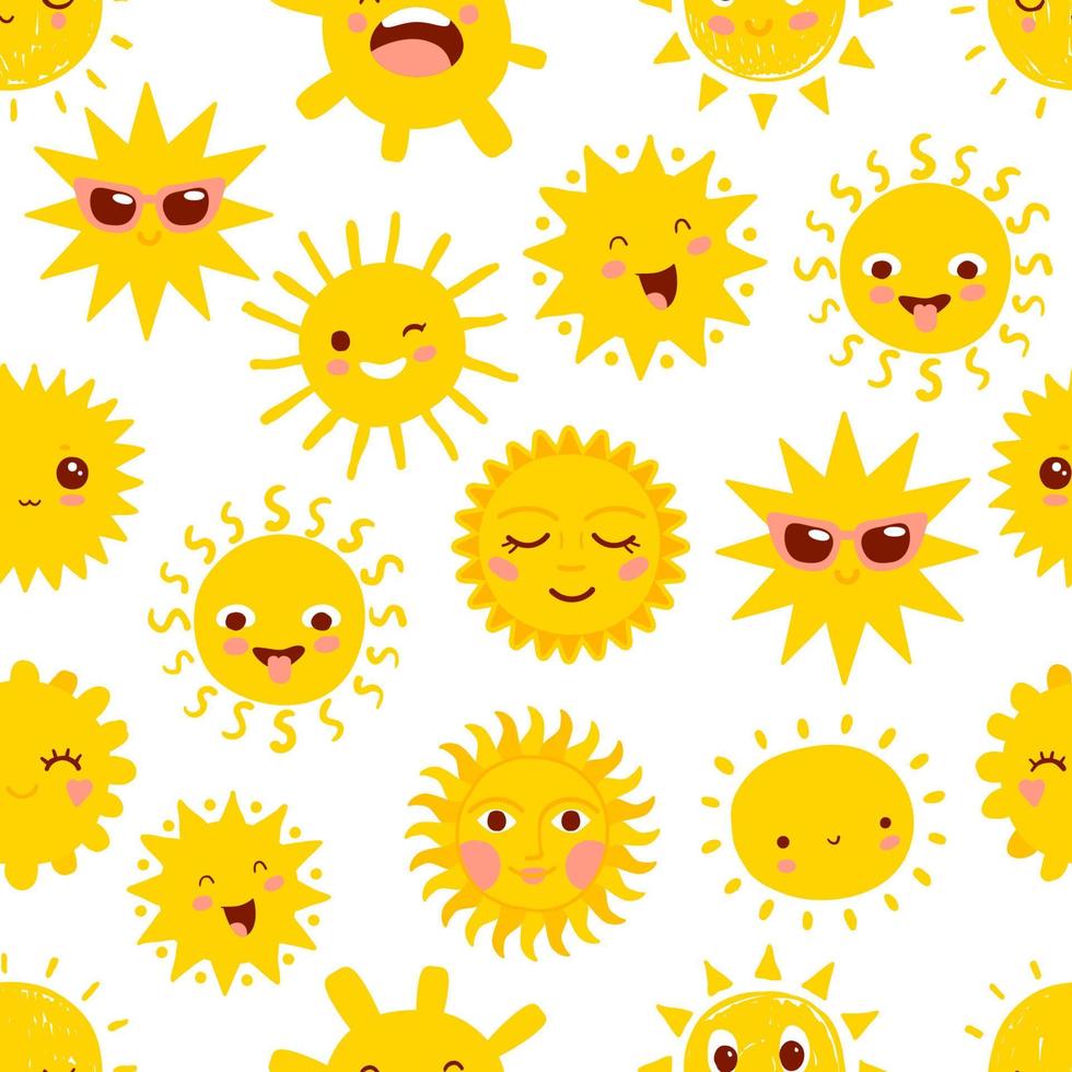 Cartoon sun characters seamless pattern, vector