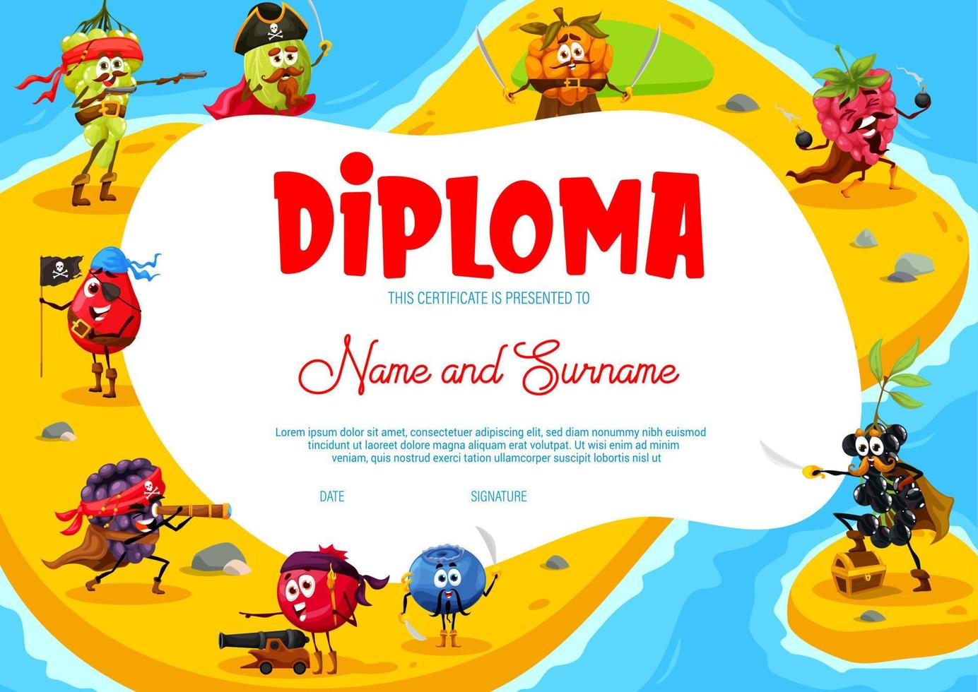 diploma de niños con personajes de piratas de bayas de dibujos animados vector