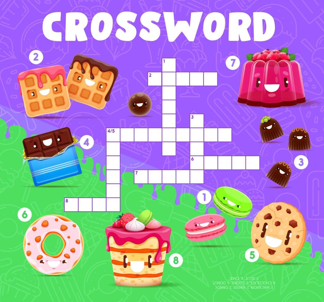 Cartoon dessert characters crossword quiz grid vector