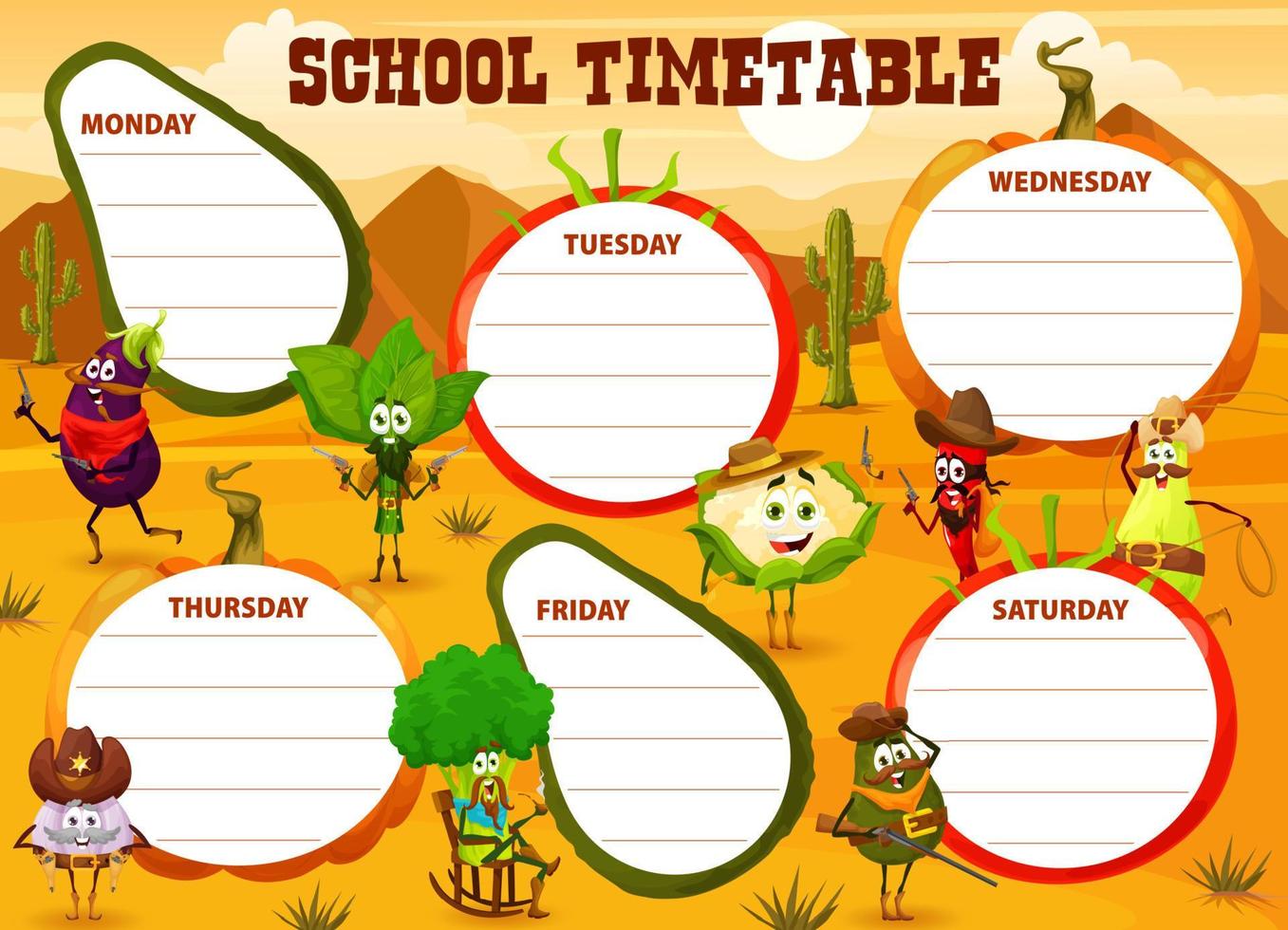 Timetable schedule with cartoon cowboy vegetables vector