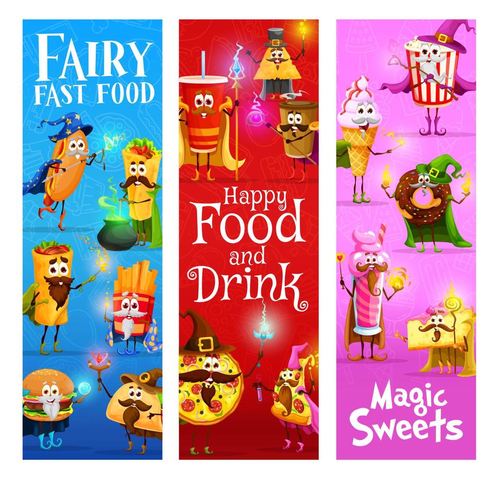 Cartoon funny fast food mage and wizard characters vector