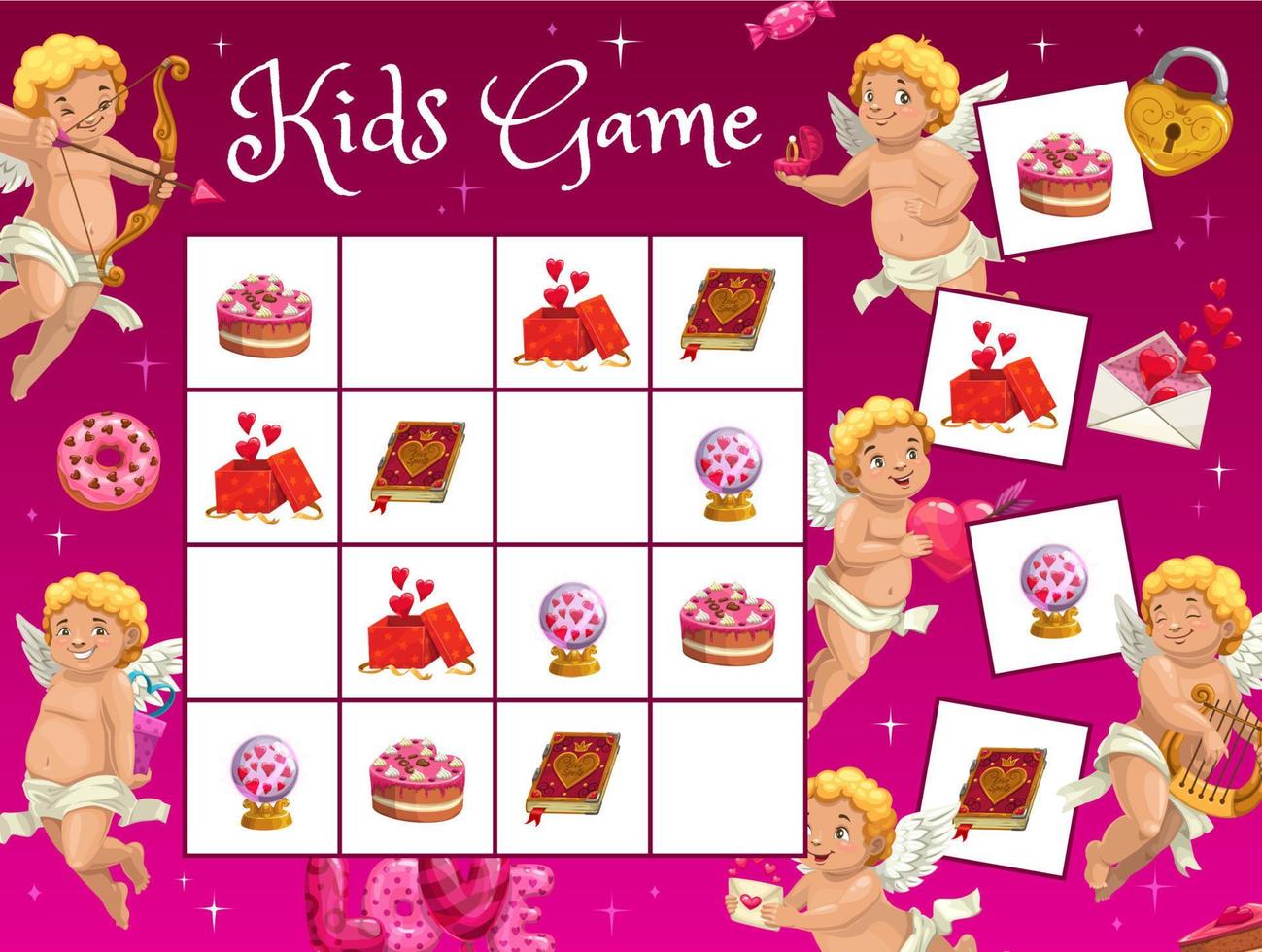 Sudoku kids game with cartoon cupid angels, hearts vector