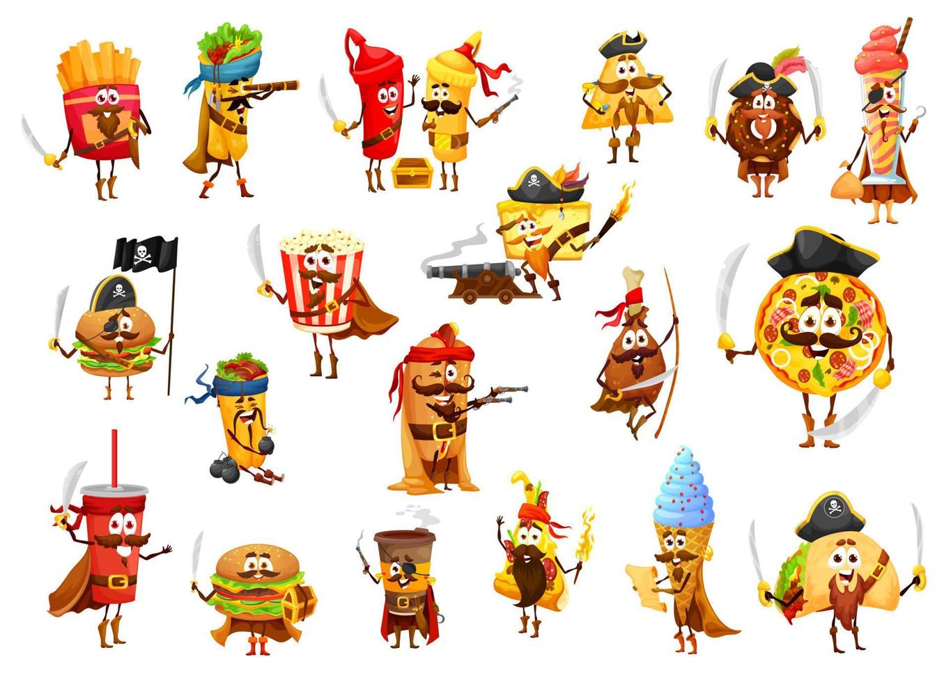 Cartoon fast food pirates and corsairs characters vector