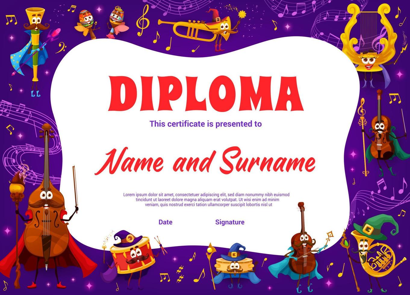 Kids diploma, mage and wizard music instruments vector